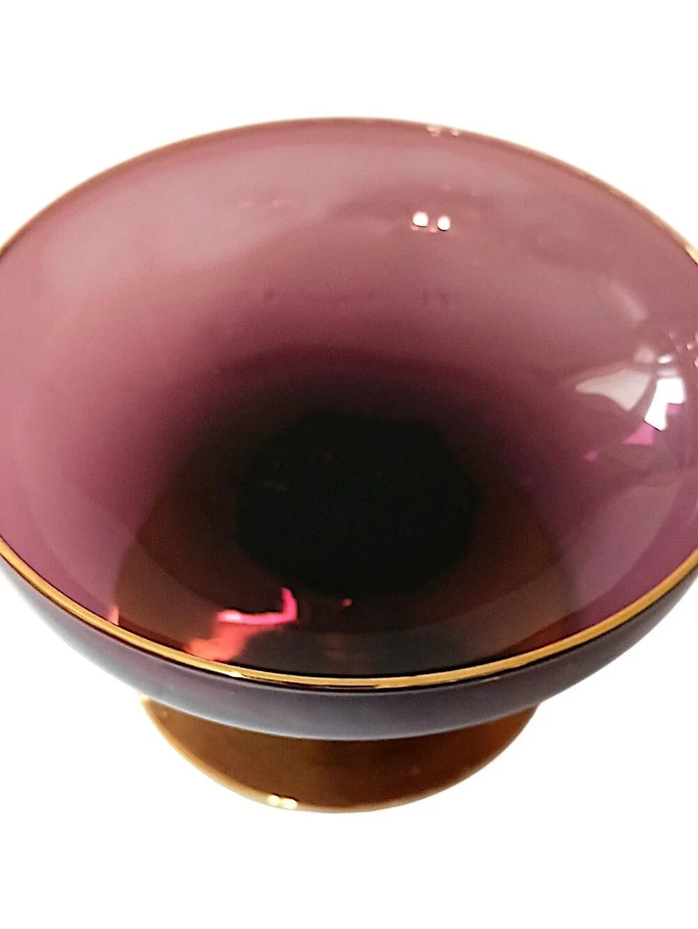 Vtg Amethyst Glass Trinket Dish‎ Pedestal Finial Lid Vanity Gold Gilt Candy Jar